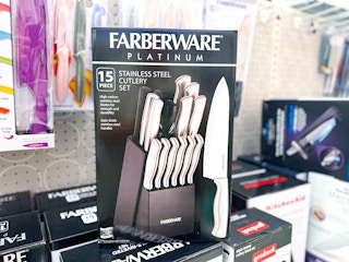 farberware 15pc knife set sitting on boxes at target