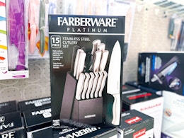 farberware 15pc knife set sitting on boxes at target