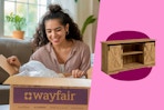 a woman opening a wayfair package and an item on clearance
