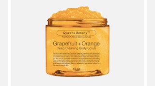 queens botany grapefruit orange body scrub on a light gray background