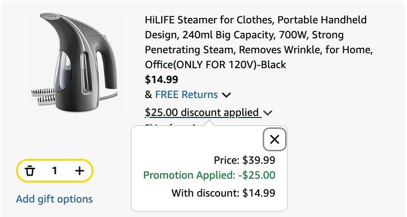 steamer Amazon receipt
