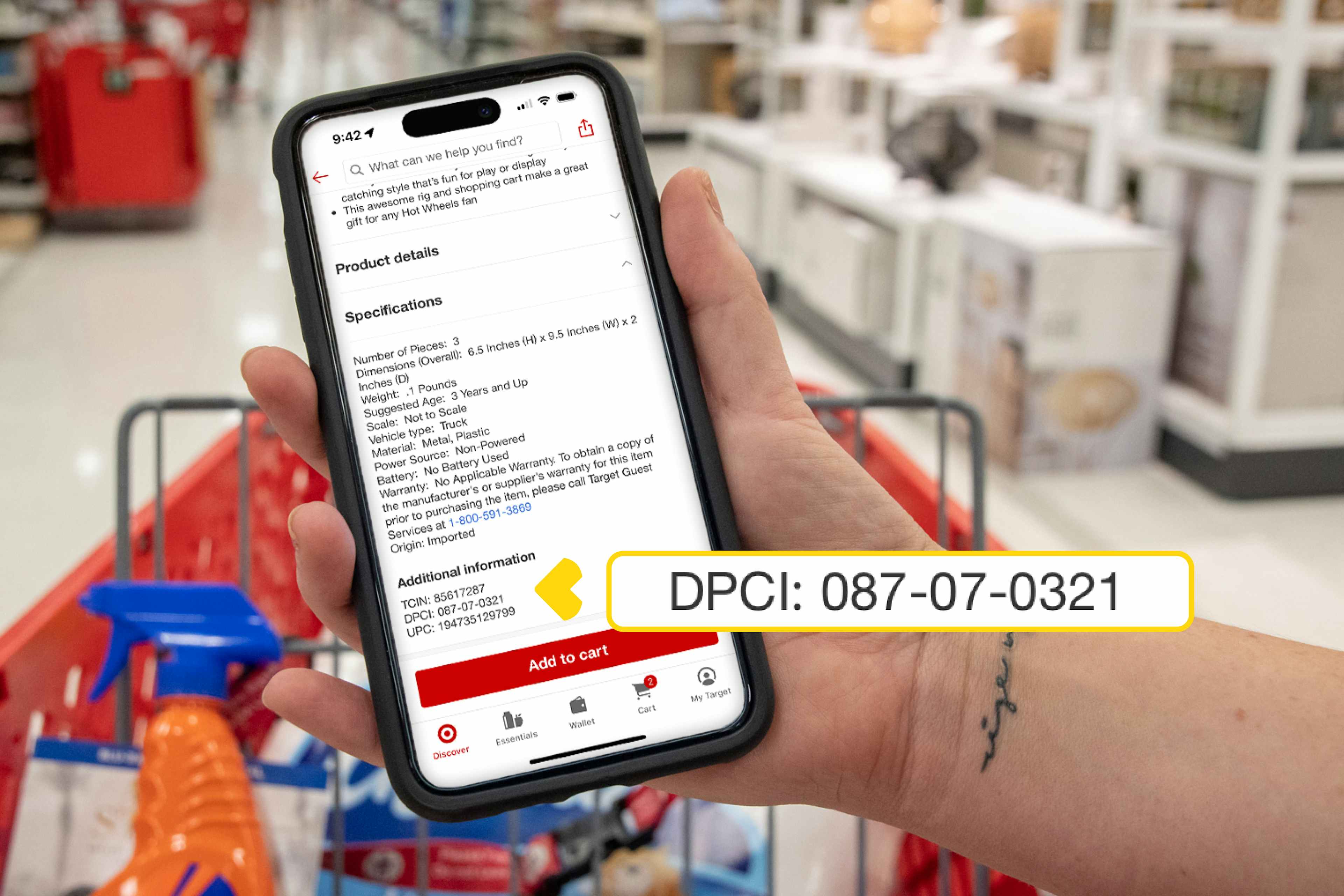 someone holding a phone displaying a product page on the Target app with the DPCI number highlighted