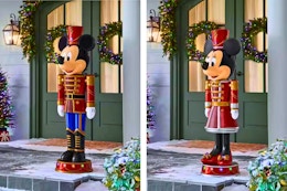 2 lifestyle images of Mickey & Minnie Mouse Holiday Nutcracker yard decorations in front of door