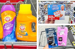 collage image of arm & hammer laundry products, walgreens razors, and mr clean magic erasers