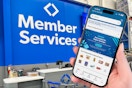 someone holding up their phone showing the sams club app in front of the member services desk