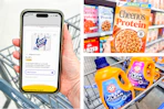 collage with arm & hammer and cheerios and a hand holding a smartphone displaying a 1-clip coupon
