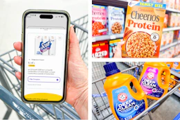 collage with arm & hammer and cheerios and a hand holding a smartphone displaying a 1-clip coupon