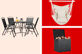 black patio dining set, white hammock swing, black deck box