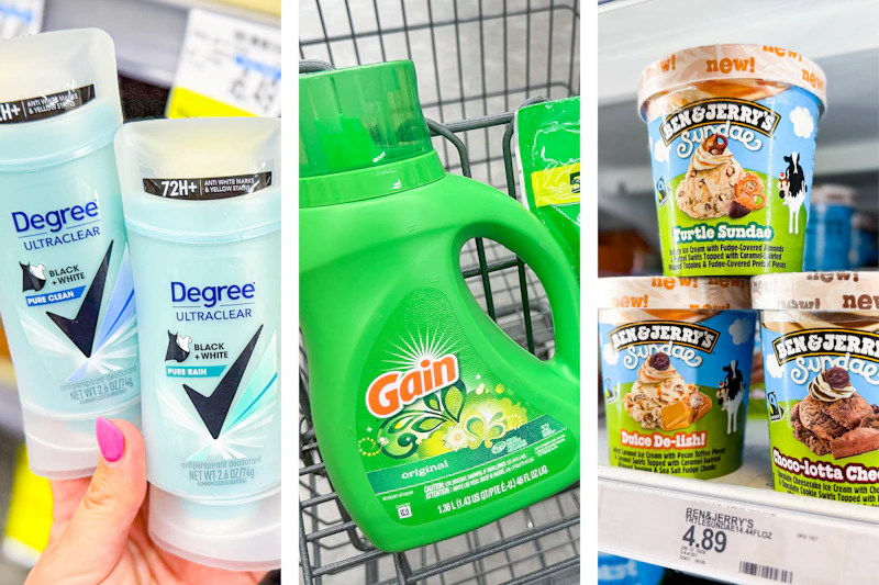 collage with degree, gain, and ben & jerry's products