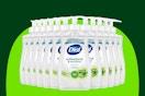 Twelve clear pump bottles of Dial Antibacterial Hand Soap with aloe are arranged like bowling pins