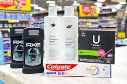dove axe kotex colgate items on store shelf