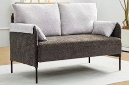 Lifestyle image of a Brown Chenille Upholstered 2-Seater Loveseat with a 2-Tone Design (close up shot in home setting)