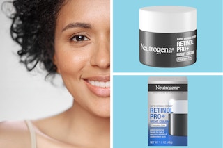 A woman shows one side of her face; a jar and a box of Neutrogena Retinol Pro+ Night Cream
