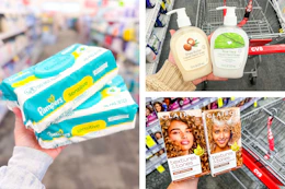 collage image of pampers wipes, clairol hair color, and cvs hand soaps
