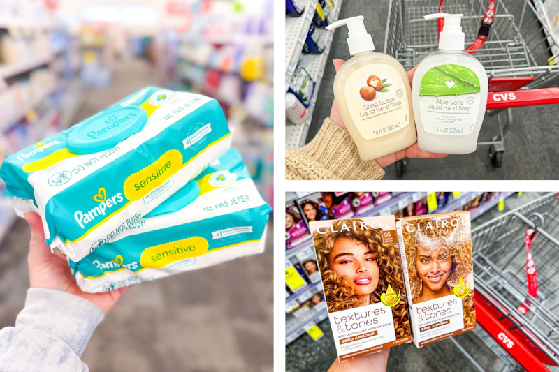 collage image of pampers wipes, clairol hair color, and cvs hand soaps