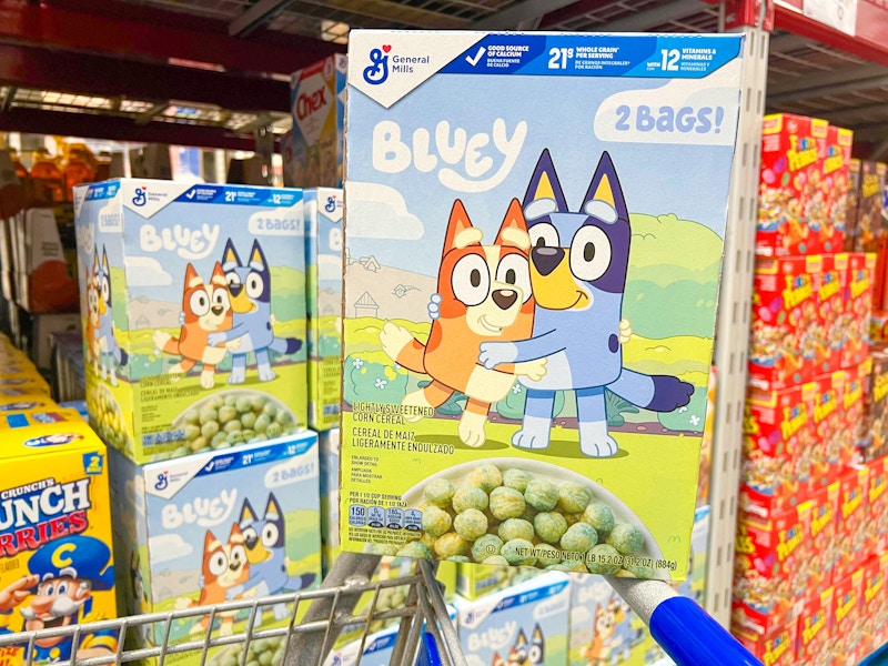 large box of bluey cereal on a cart