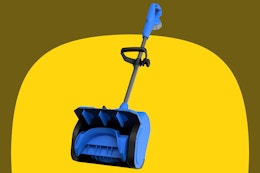  MXMZHXU 10 inch Cordless Snow Shovel on a yellow background.