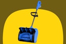 MXMZHXU 10 inch Cordless Snow Shovel on a yellow background.