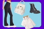 women's black leggings, white backpack, black combat boots, white coat