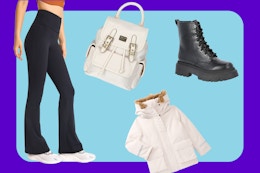 women's black leggings, white backpack, black combat boots, white coat