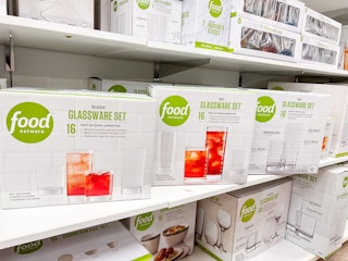 Boxes of Food Network 16-Piece Glassware Sets on a shelf at kohls