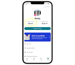 A phone graphic of the ibotta app earnings page. Yellow circles are around the ibotta app.