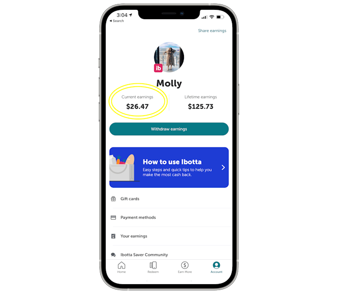 A phone graphic of the ibotta app earnings page. Yellow circles are around the ibotta app.