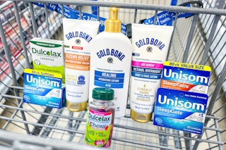 unisom, dulcolax, and gold bond products in a cart