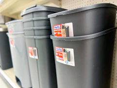 hefty trash cans sitting on a target shelf