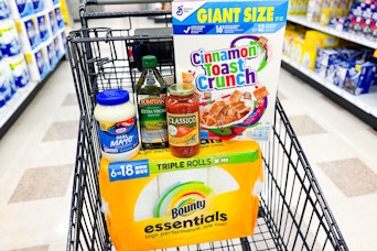 bounty, kraft, classico, pompeian, cinnamon toast crunch items in a shopping cart