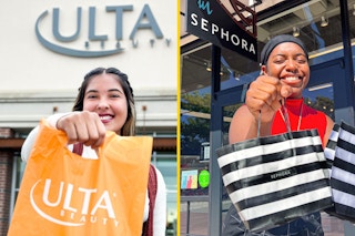 two images of two woman one holding an ulta bag and the other holding a sephora bag 