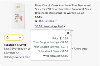 Dove VitaminCare Amazon receipt