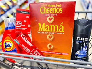 tide, colgate, neutrogena, cheerios, and axe in a cart