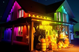 The outside of a house lit in rainbow colors around the eaves with a Halloween display in front of it.