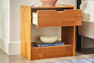 Walker Edison 1-drawer night stand in home setting (lifestyle image)