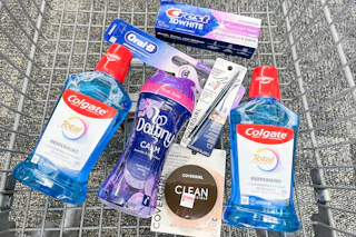 colgate, crest, oral-b, covergirl, and downy products in a cart