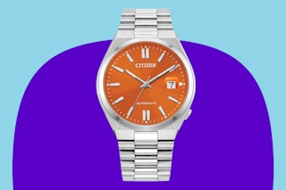 Citizen Men's Automatic Tsuyosa Sport Luxury Watch on a blue background.