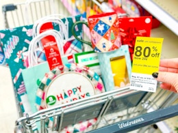 Walgreens shopping cart with christmas clearance items and 80% off tag