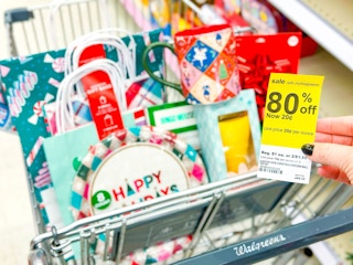 Walgreens shopping cart with christmas clearance items and 80% off tag