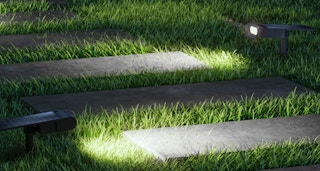 solar spotlights in a yard near a pathway