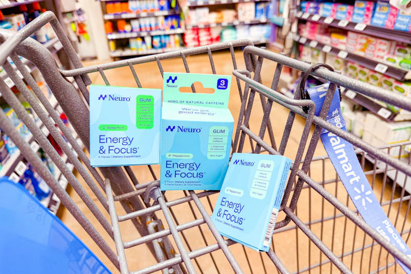 3 packs of neuro gum in a cart