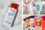 collage image of eucerin lotion, journals, and general mills cereal