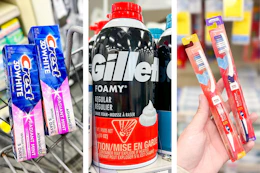 collage image of crest toothpaste, gillette foamy shave cream, and cvs toothbrushes