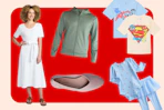 white women's dress, light pink flats, baby 2-piece outfit, men's jacket, boys' graphic tees