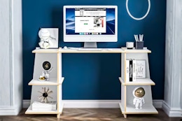 Lifestyle image of a White and Light Walnut Wood Desk with Shelves in home setting
