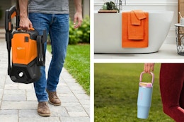 3 lifestyle images of deals that are 50% off or more: Water Pressure Cleaner, Towel Set & Carote Tumbler