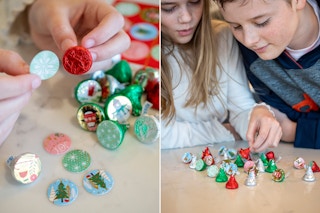 Two photos. A child adding round stickers to the bottom of Hershey's Kisses and two kids playing a memory game with the kisses