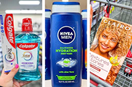 collage image of colgate oral care, nivea body wash, and clairol hair color