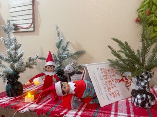 two elf of the shelf dolls pretending to camp with a book, socks, and roasting a marshmallow 