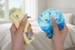 a woman squeezing squishy toys